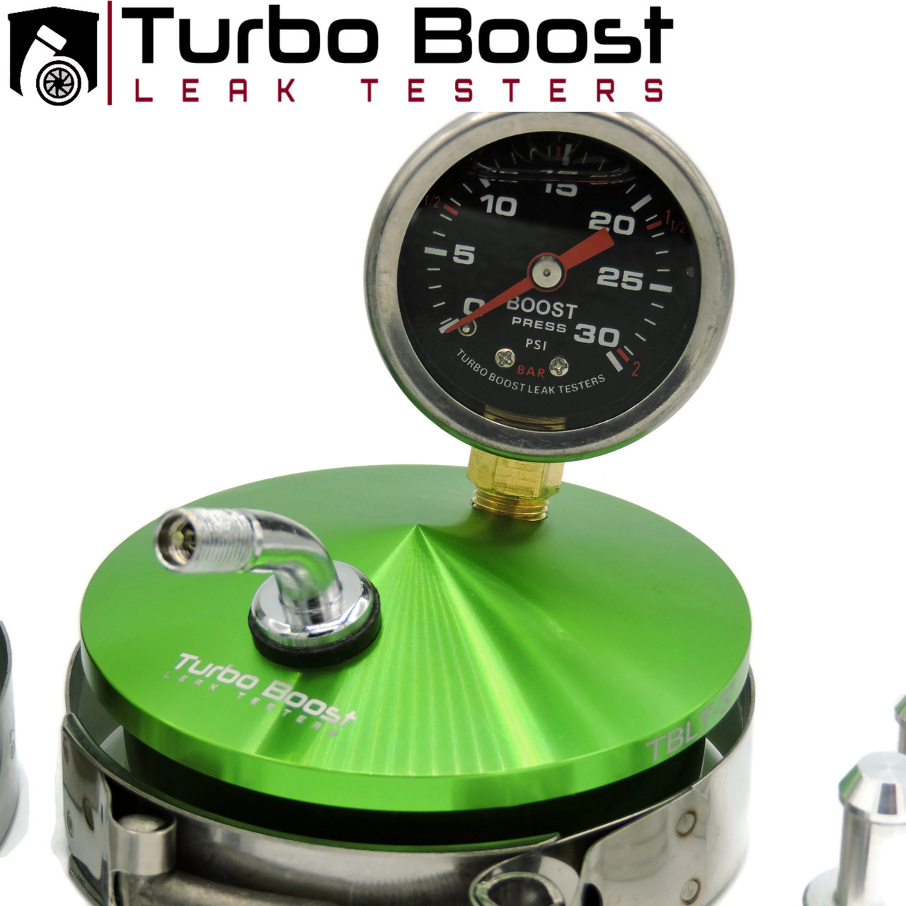 Universal Turbo Boost Leak Tester Kit - 4" Inlet, Billet Aluminum With 30 PSI Gauge, Schrader Valve & T-Bolt Clamps