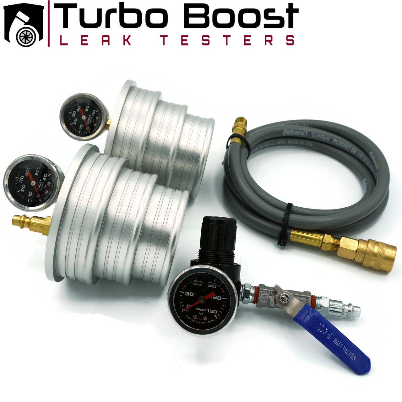 Charge air cooler pressure tester kit for diagnosing boost leaks in diesel turbo systems