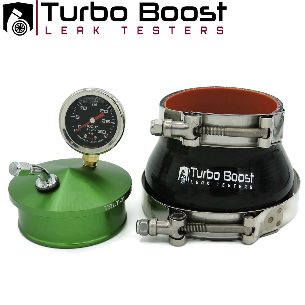 4 inch boost leak tester kit including billet cap, pressure gauge, silicone coupler and T-bolt clamps