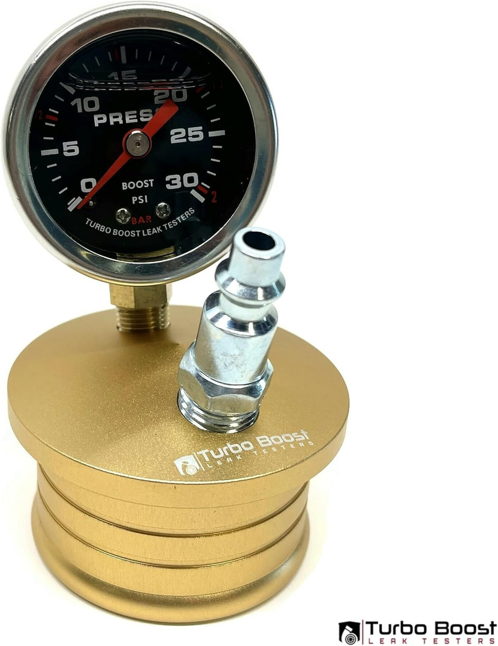 2" Boost Leak Tester End Cap - 6061 Billet Aluminum - 30 PSI Gauge, M-Type Fitting & Schrader Valve