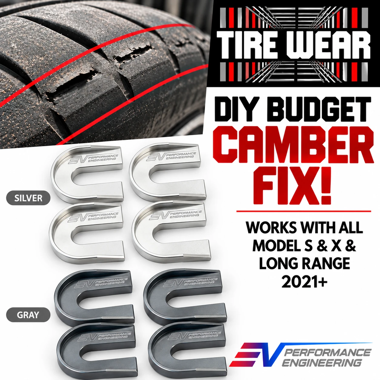 Tesla Model S / X Rear Camber Shim Combo - Silver 0.7° + Gray 1.5° Sets - Billet Aluminum (2021+)