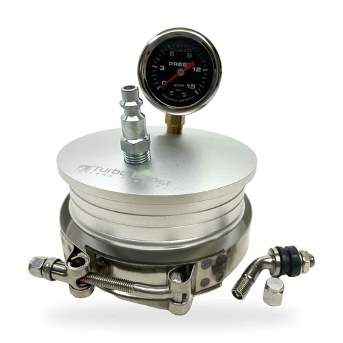 4 inch billet aluminum boost leak tester end cap with 15 PSI gauge, M-type fitting, T-bolt clamp and Schrader valve