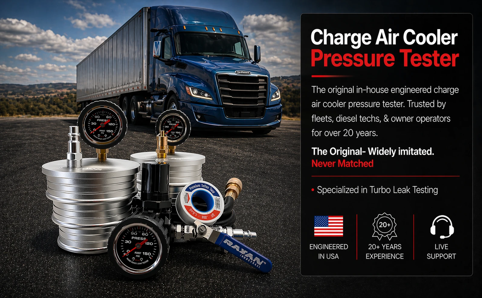 Charge air cooler pressure tester kit for Class 7 and 8 trucks