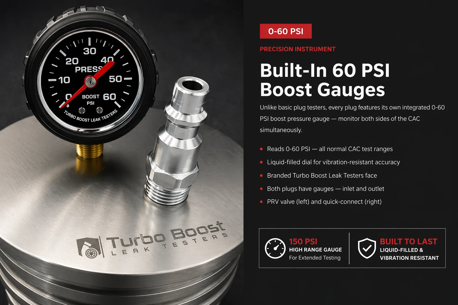Built-in 60 PSI boost gauges on billet CAC tester plugs