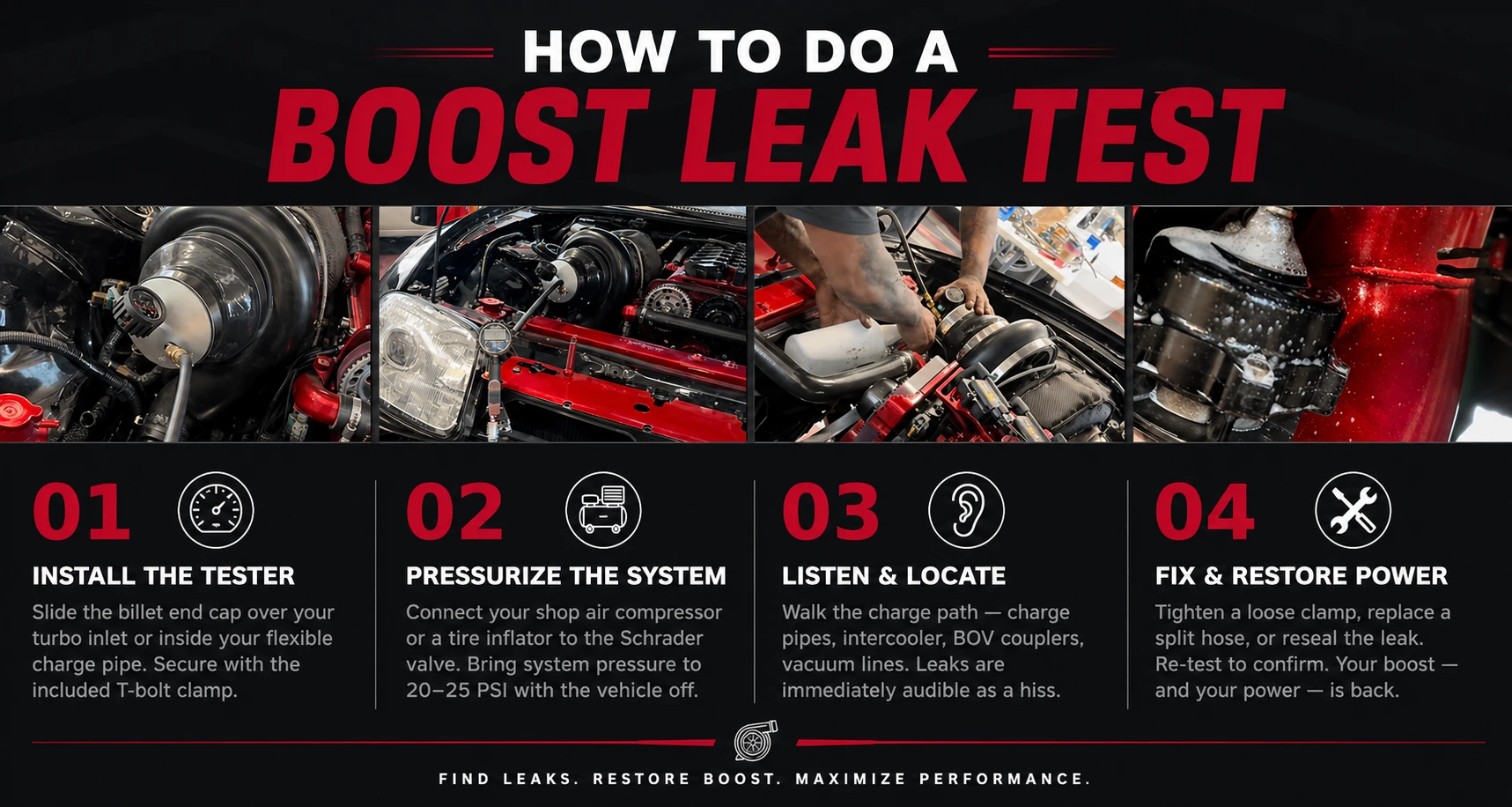 How to do a boost leak test in 4 steps: install the tester, pressurize the system, listen and locate, fix and restore power