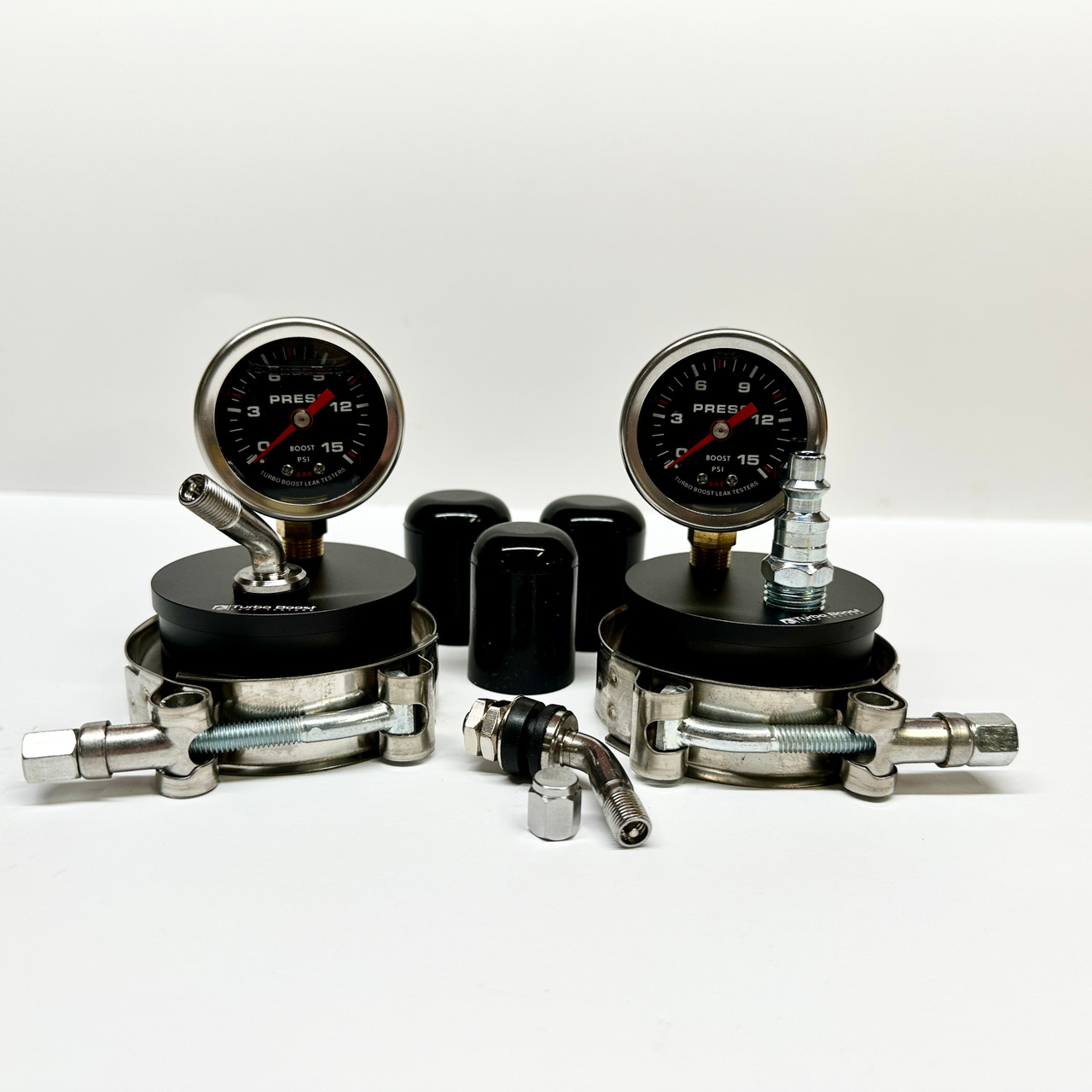 BMW N54 twin turbo boost leak tester kit with two gauges and caps