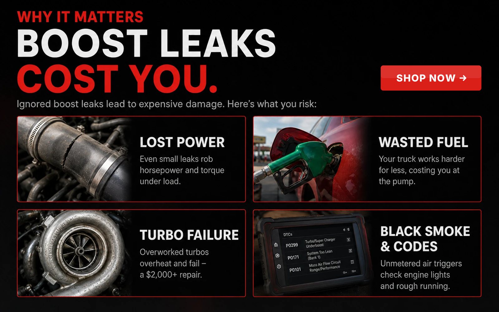 Boost leaks cost you: lost power, wasted fuel, turbo failure