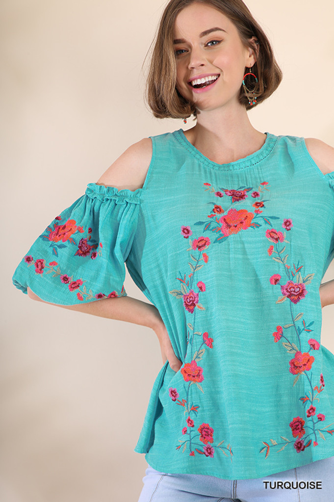 Women's Umgee Top, Cold Shoulder, Floral Embroidery - Chick Elms Grand ...