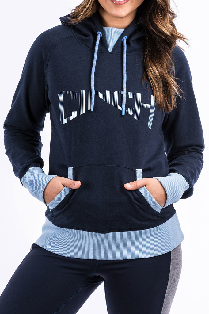 Women's Cinch Hoodie, Navy Blue with Light Blue Accents