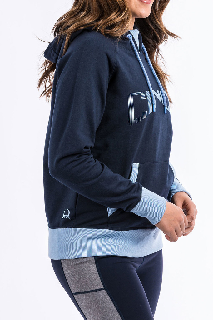 Women's Cinch Hoodie, Navy Blue with Light Blue Accents