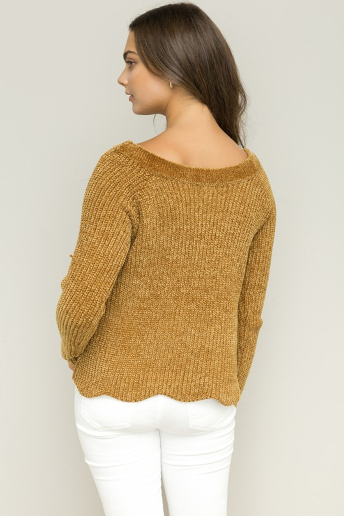 Women's Hem and Thread L/S, Scalloped Hem Sweater, Mustard