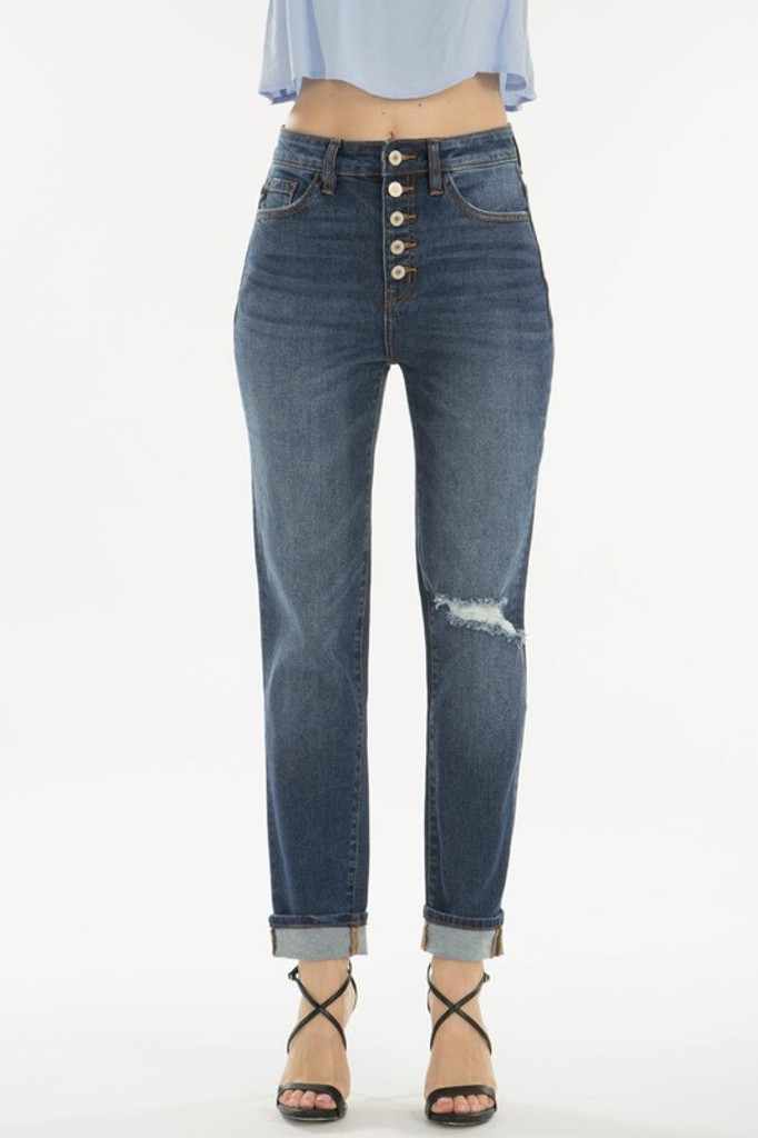 Women's KanCan Jeans, Dark Wash, 5 Button, Distressed Straight Crop