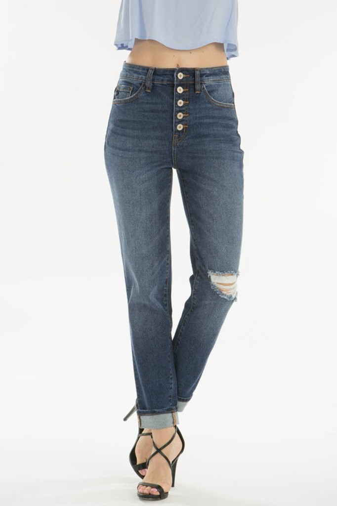 Women's KanCan Jeans, Dark Wash, 5 Button, Distressed Straight Crop