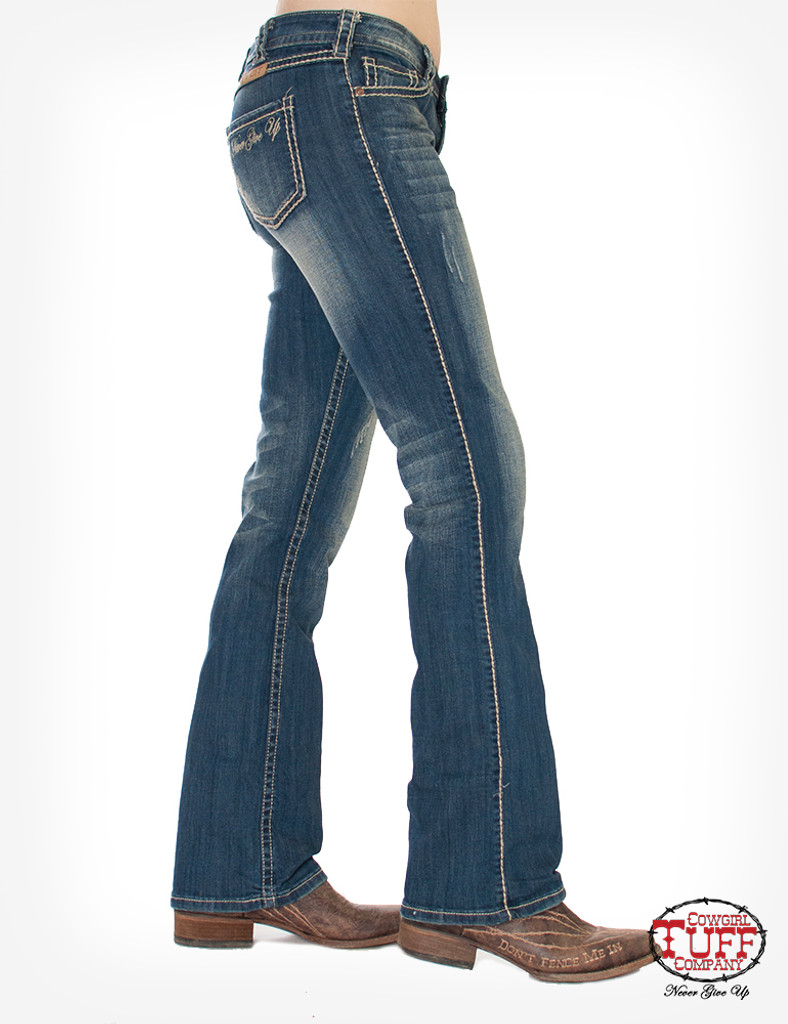 Women's Cowgirl Tuff Jeans, Never Give Up, Natural Waist