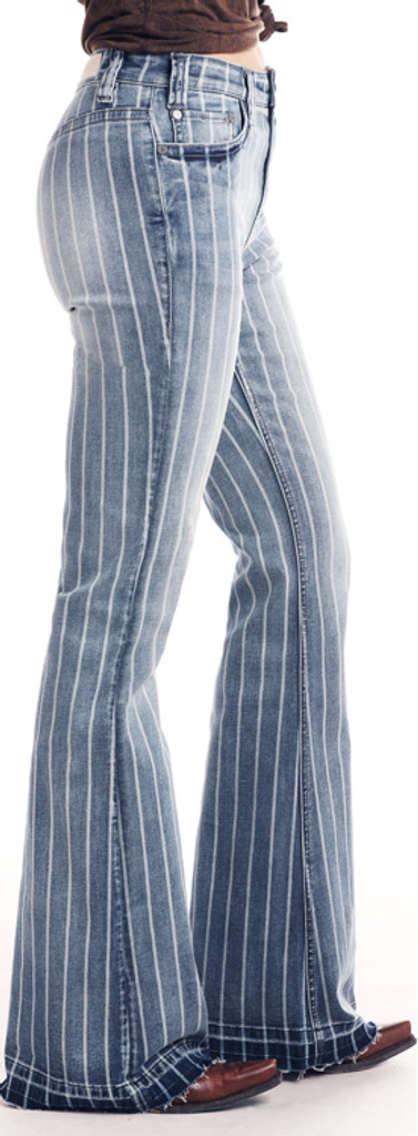 Women's Rock & Roll Jeans, Trouser/Bell Bottom, High Rise, Denim Striped