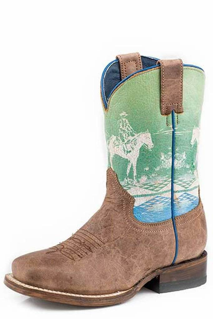 Kids Roper Boots, Tan Vamp with Green and Blue Cowboy Scene Shaft