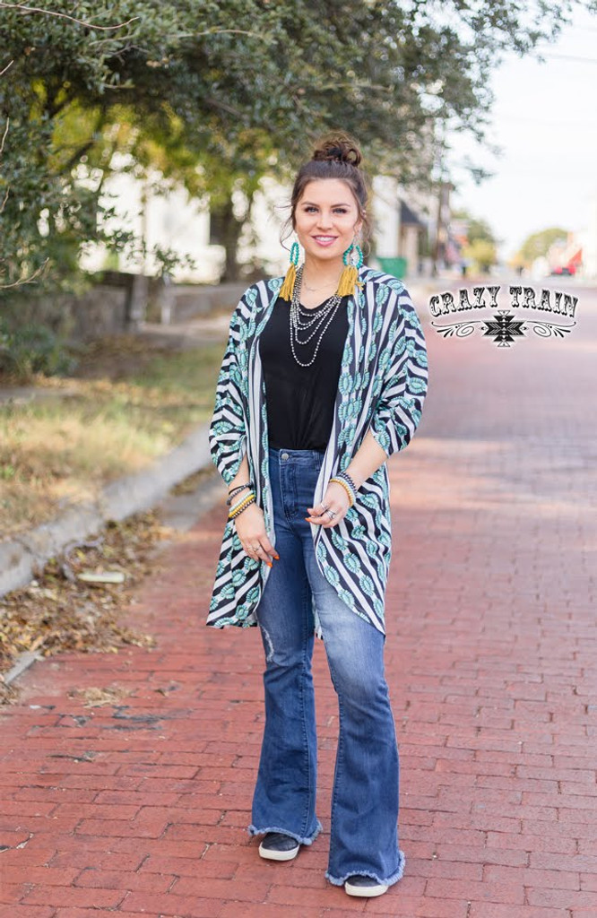 Women's Crazy Train Cardigan, Turquoise Concho with Black and White Stripes