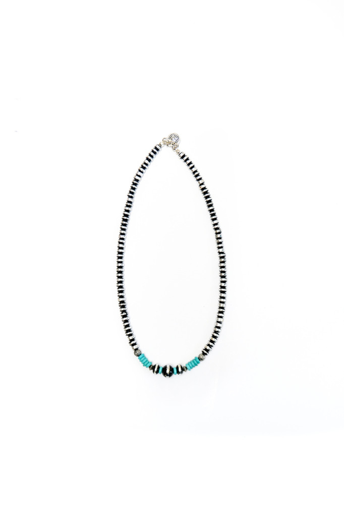 West & Co Necklace, 16" Silver and Black Beads with Turquoise Accent