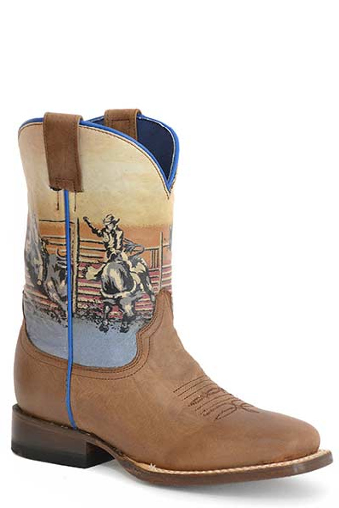 Boys Roper Boots, Rodeo, Tan Vamp with Rodeo Print Shaft, Blue Piping