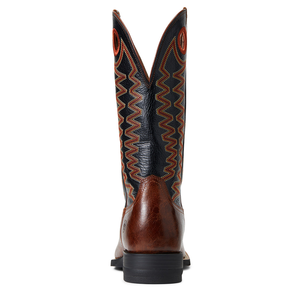 Men's Ariat Boot, Barrel Brown Vamp, Black Shaft with Brown Piping, Rust & Cream Stitching