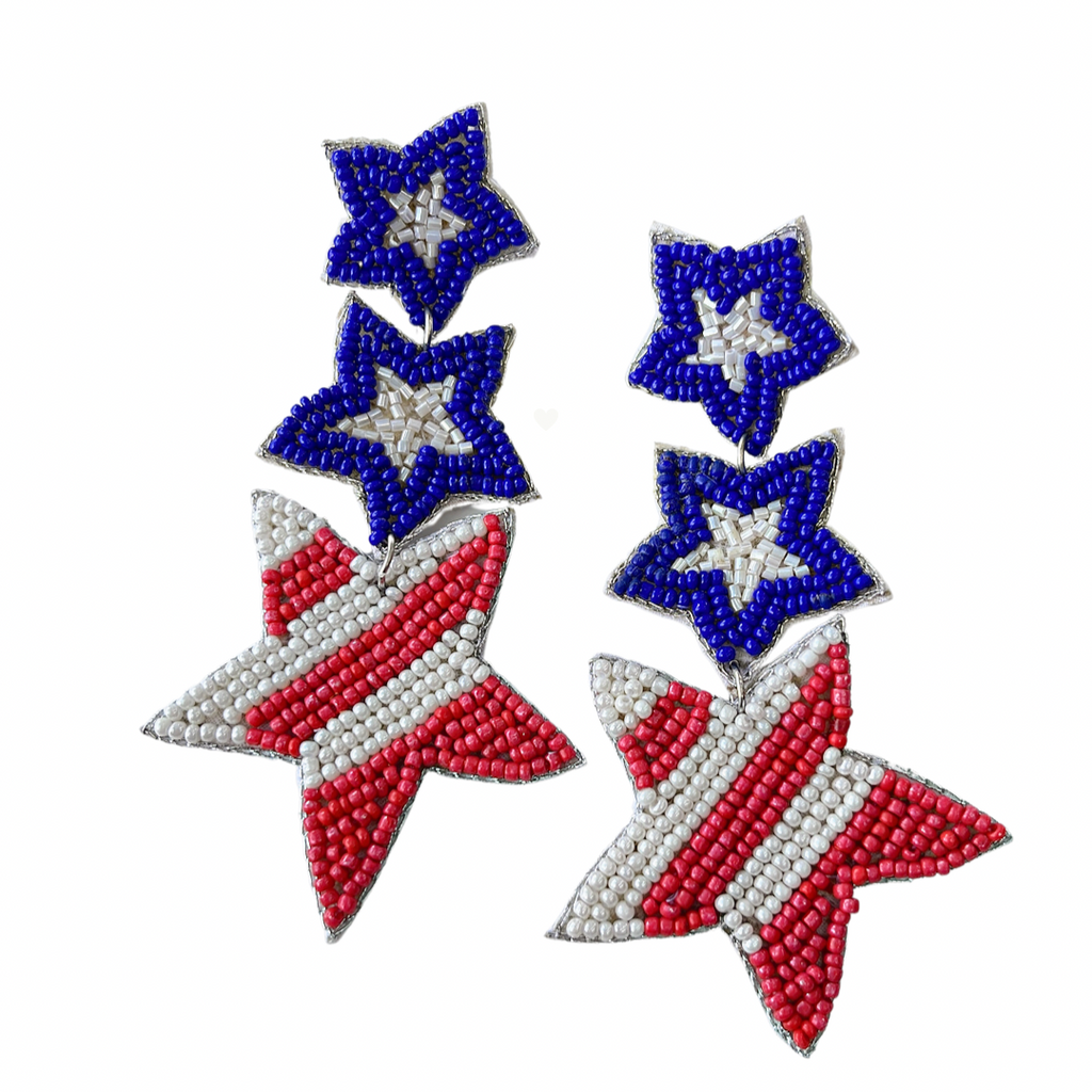 Treasure Jewels Earrings, USA Stars, Beaded, Red, White & Blue