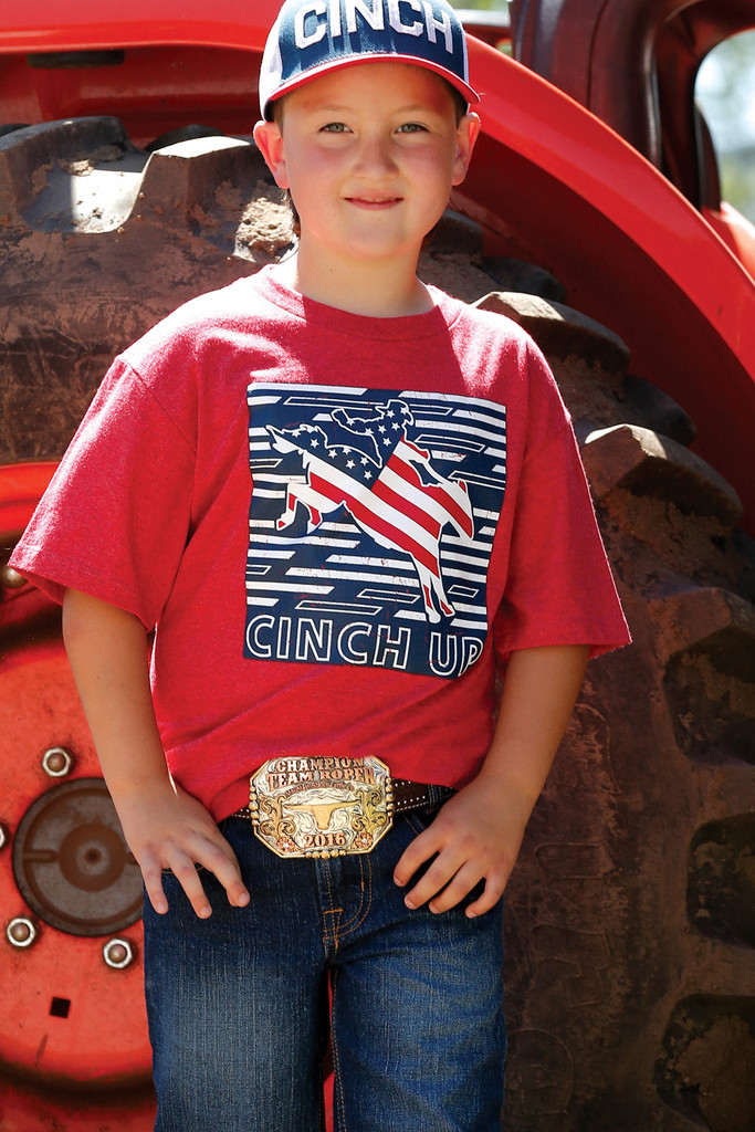 Boys Cinch Tee, Red with Red, White & Blue Flag Bronc Rider
