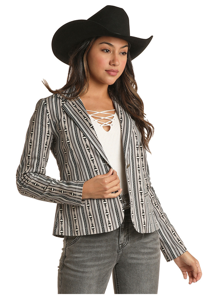 Women's Rock & Roll Blazer, Black and White Aztec Print