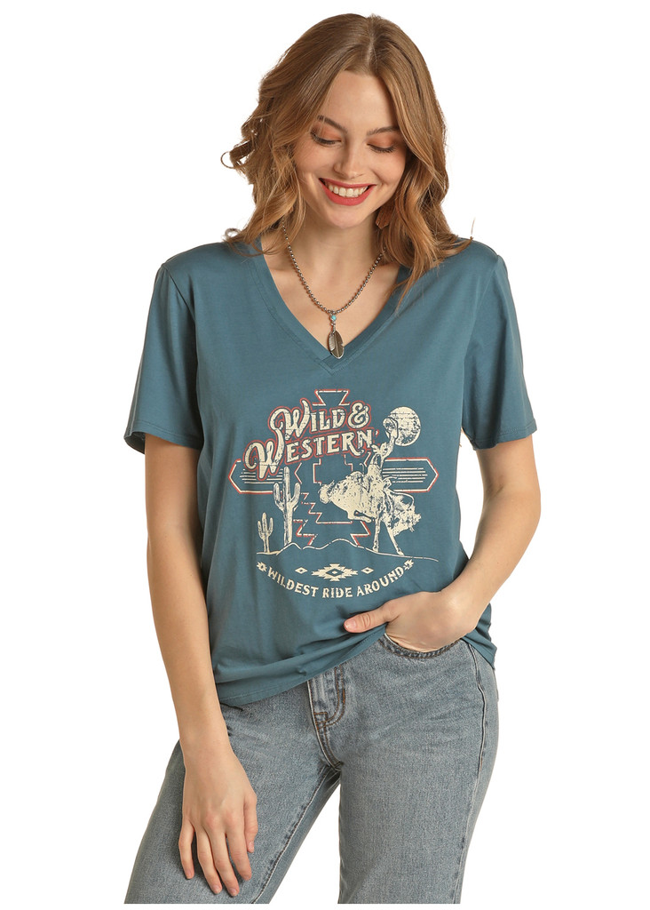 Women's Rock & Roll Tee, Wild & Western, Teal V Neck