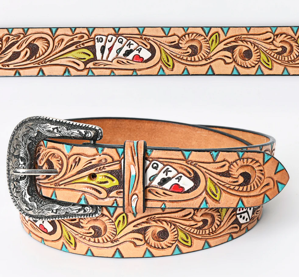 Women's American Darling Belt, Tan Tooled Leather, Royal Flush Cards