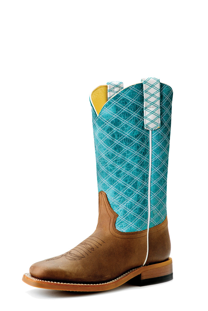 Kids Macie Bean Boots, Tex Marks The Spot, Tan Vamp with Turquoise Diamond Stitch Vamp