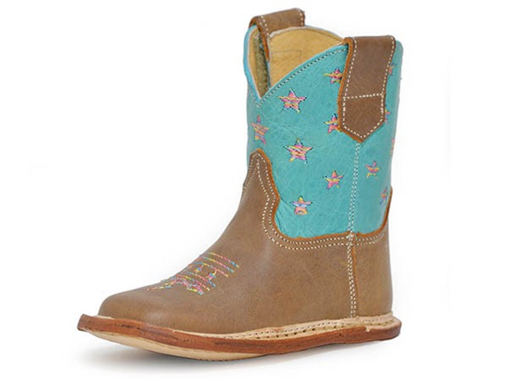 Toddler Roper Boot, Burnish Brown Vamp, Turquoise Shaft with Multicolor Stars