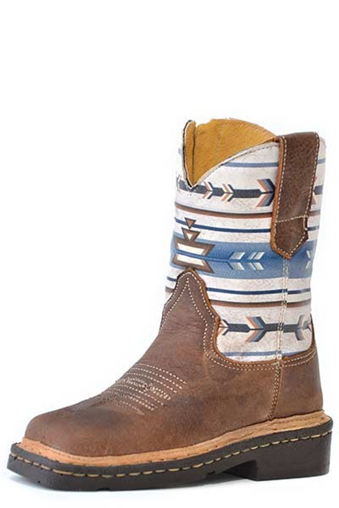 Toddler Roper Boots, Cowboy Aztek, Dark Brown with Blue Print