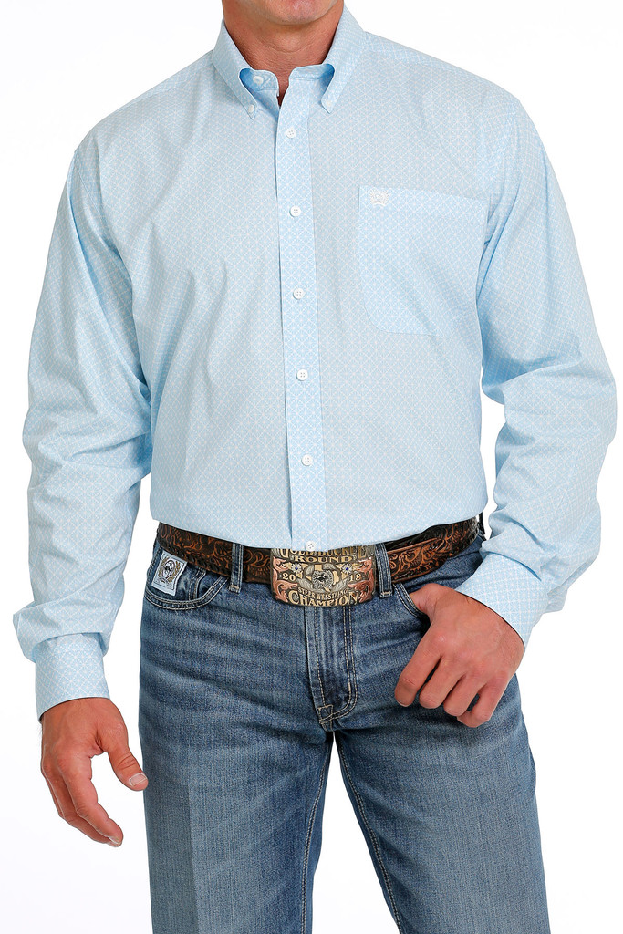 Men's Cinch L/S, Light Blue with White Print and Logo