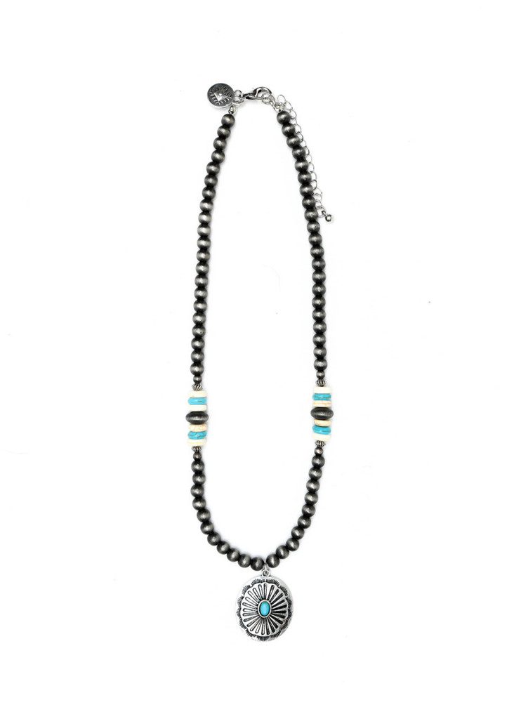 West & Co Necklace, 18" Navajo Pearl with Ivory and Turquoise Beaded Accents and Concho Pendant