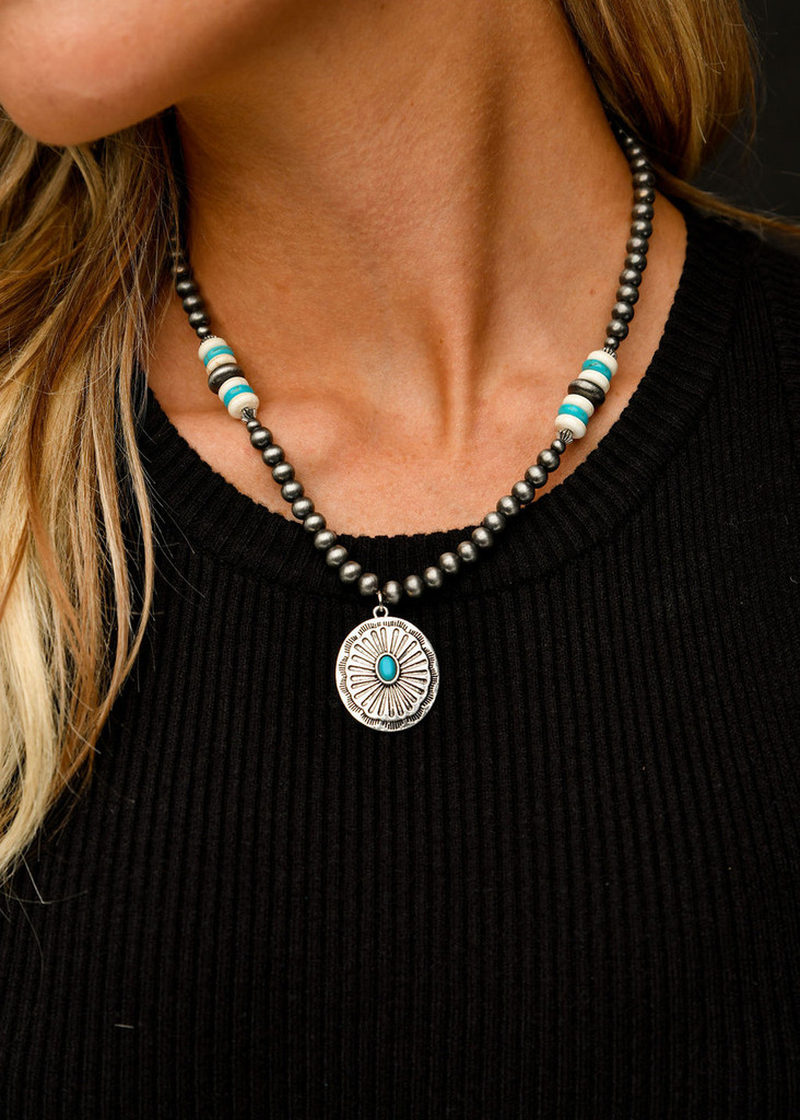 West & Co Necklace, 18" Navajo Pearl with Ivory and Turquoise Beaded Accents and Concho Pendant