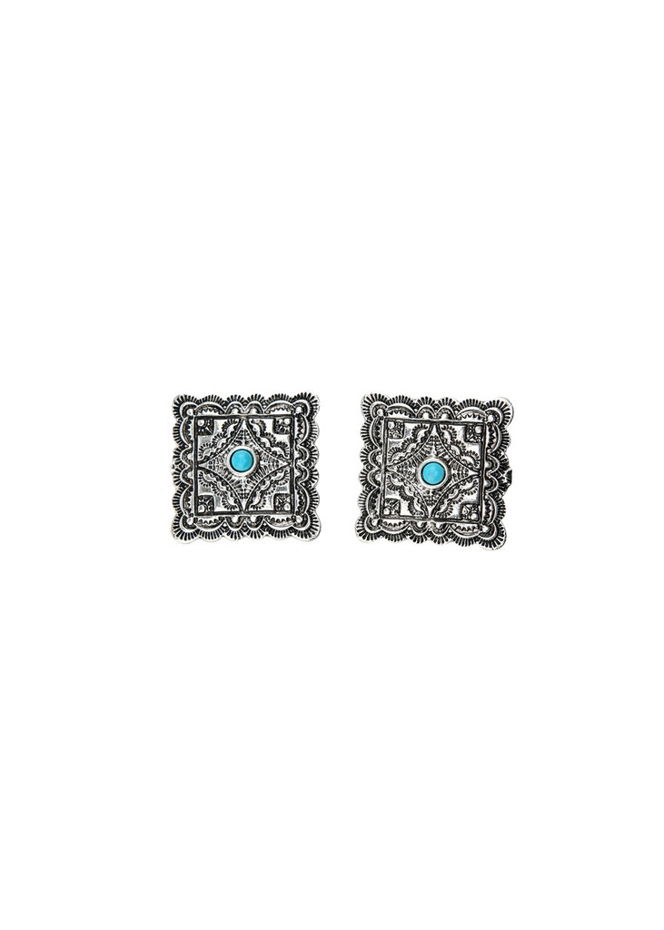 West & Co. Earrings, 1" Stamped Silver Square, with Turquoise Accent