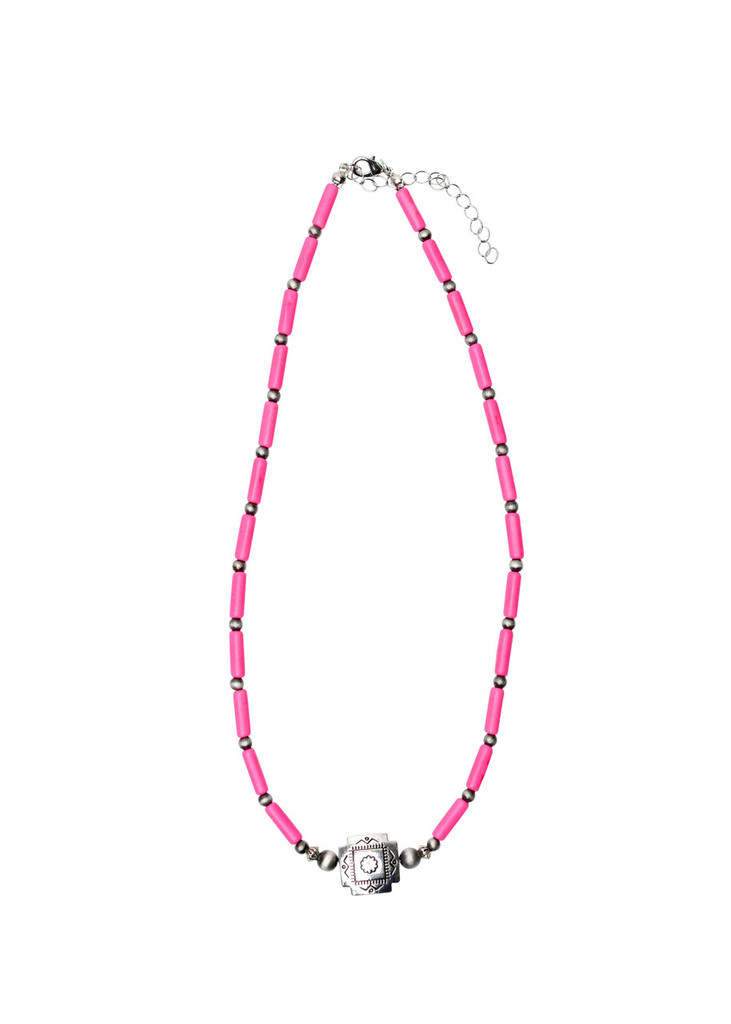 West & Co Necklace, 16" Pink Tube Beads with Southwestern Bead Accent