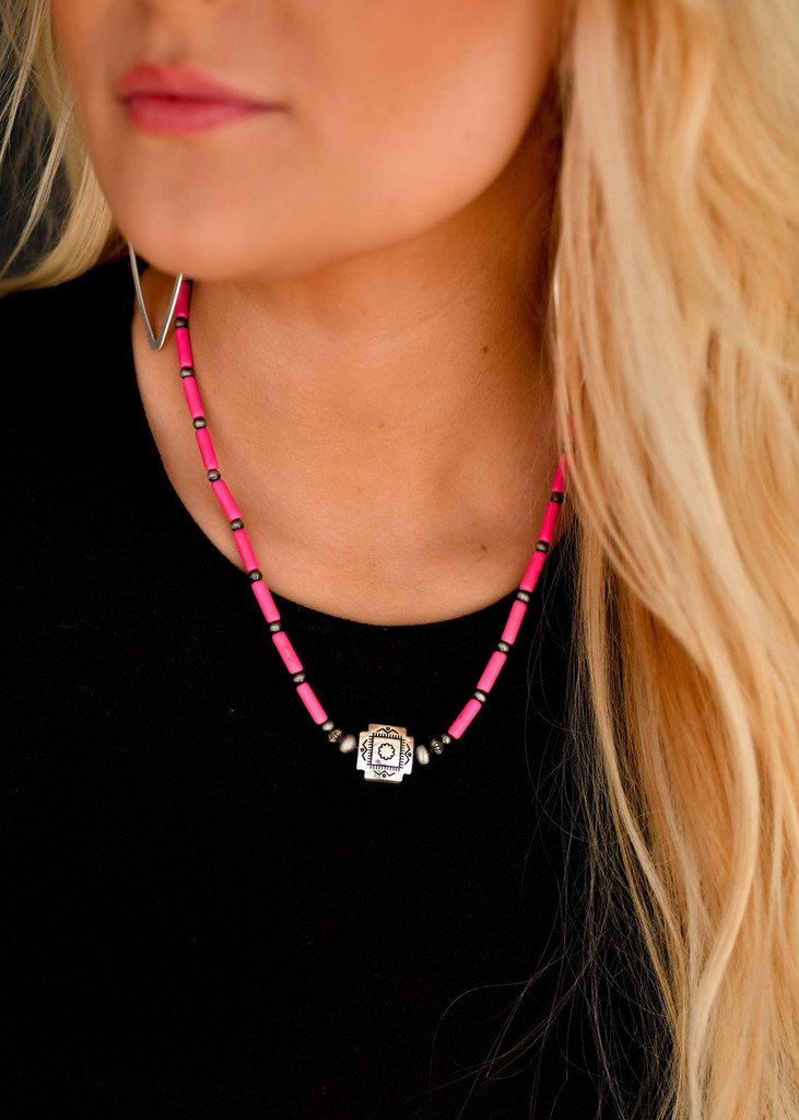 West & Co Necklace, 16" Pink Tube Beads with Southwestern Bead Accent