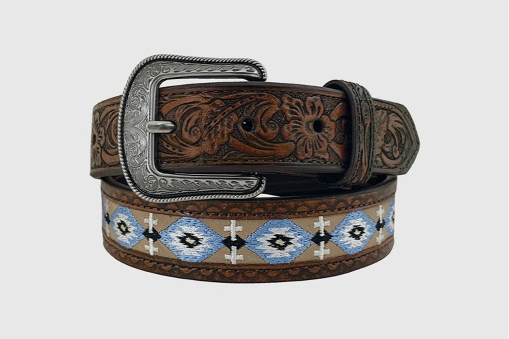 Boys Roper Belt, Dark Brown Floral with Blue and White Southwest Embroidered Aztec