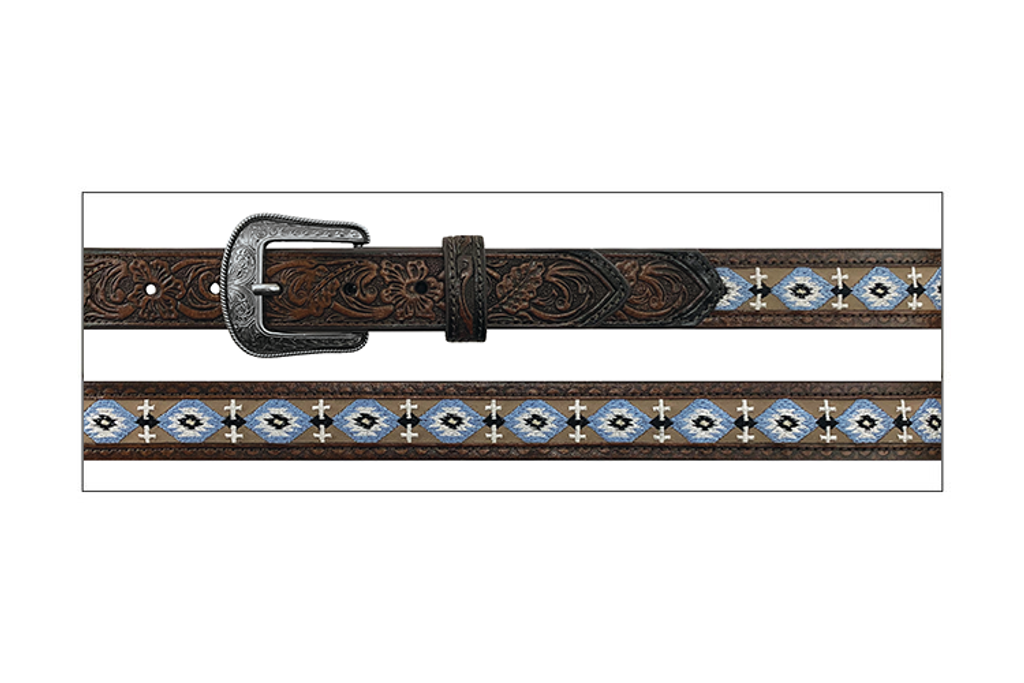 Boys Roper Belt, Dark Brown Floral with Blue and White Southwest Embroidered Aztec