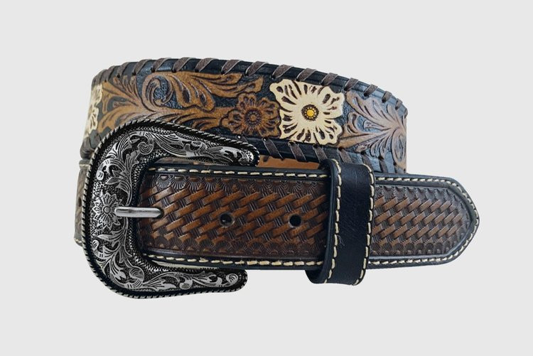 Women's Roper Belt, Dark Brown Basketweave, Floral Tooling with