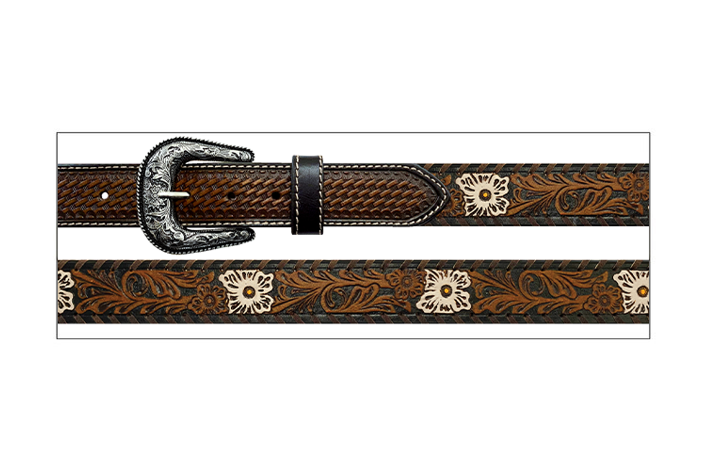 Women's Roper Belt, Dark Brown Basketweave, Floral Tooling with White Painted Flowers, Floral Buckle