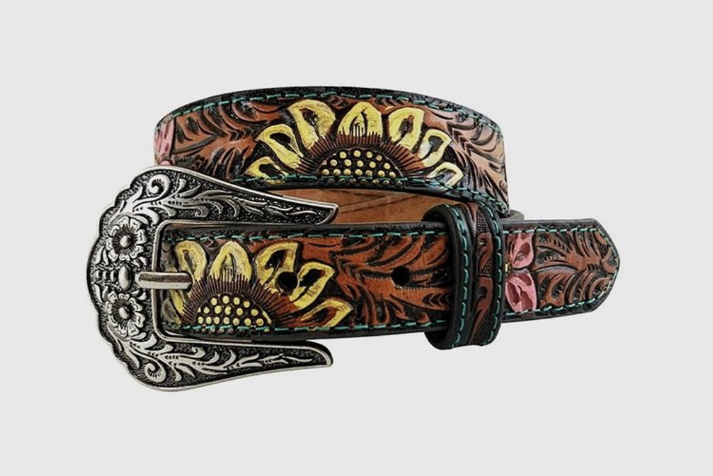 Girls Roper Belt, BrownTooling, Yellow and Pink Painted Flowers