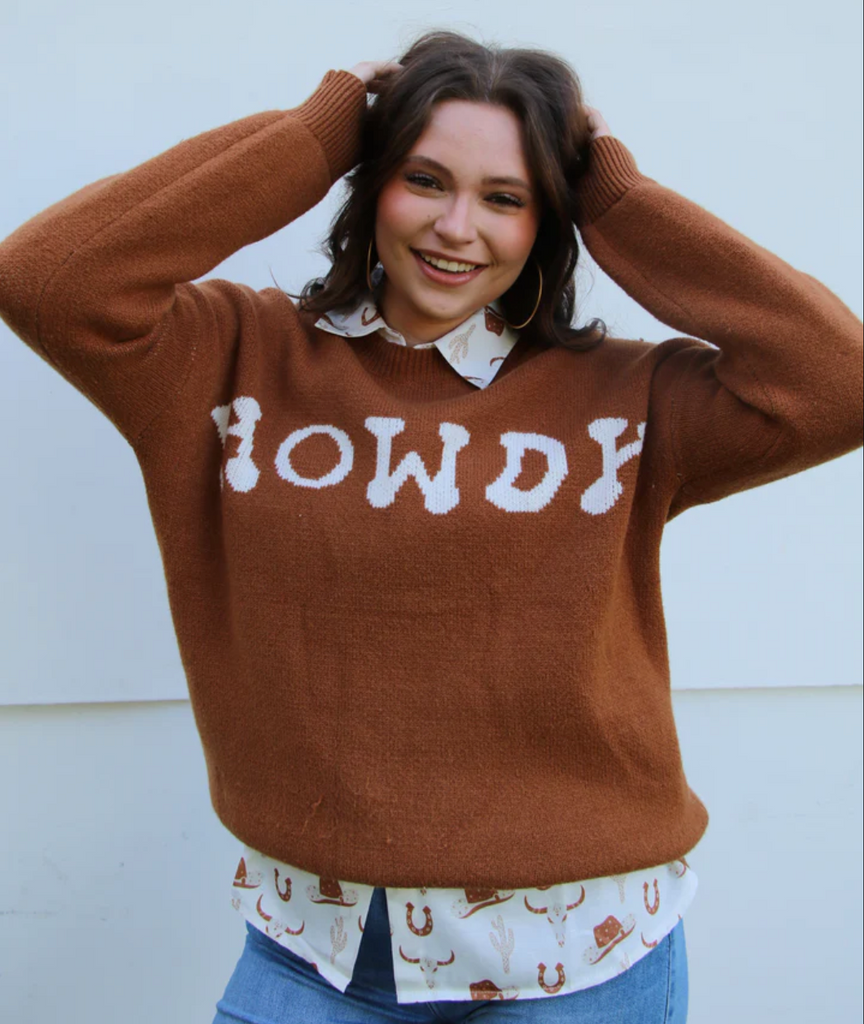Women's TH Sweater, Brown with Embroidered Howdy
