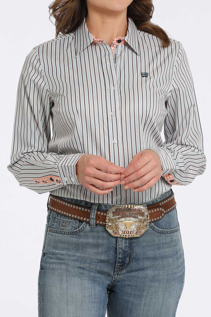 Women's Cinch L/S, Navy, Coral and Turquoise Pinstripe, Tencel