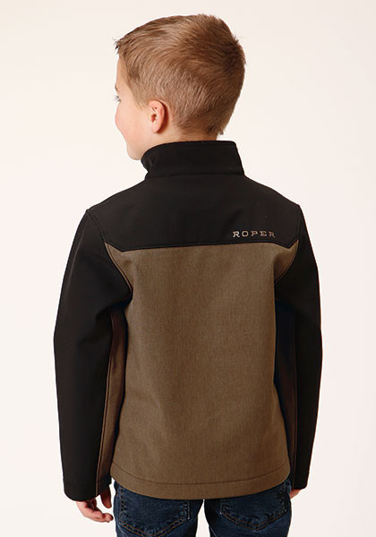 Boys Roper Jacket, Brown with Black Colorblock Shoulders, Softshell