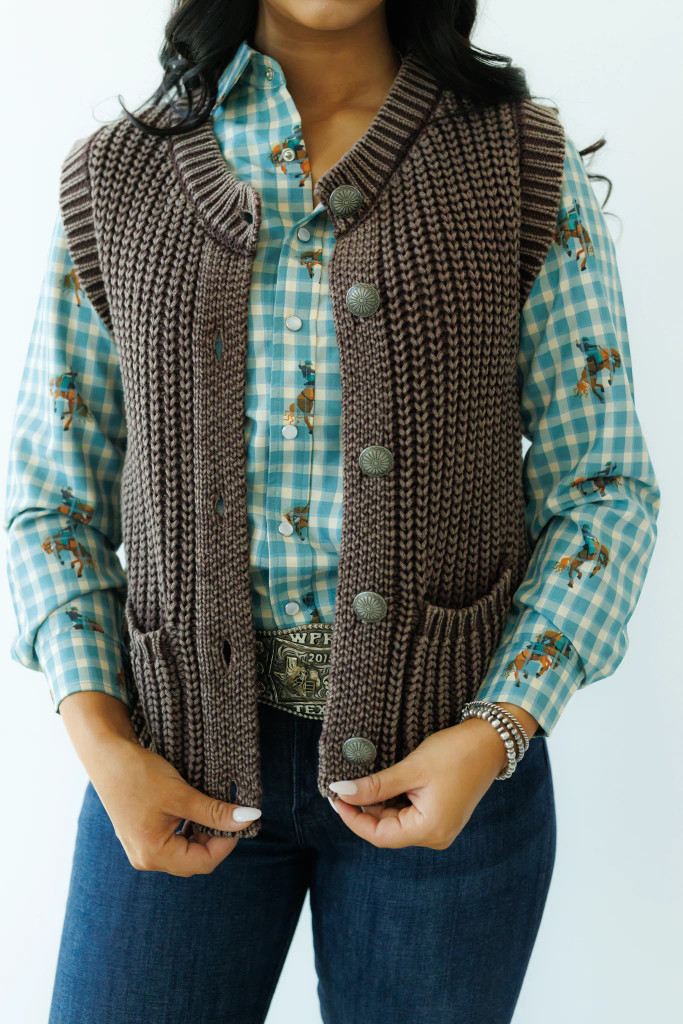 Women's HH Vest, Brown Corded with Concho Buttons