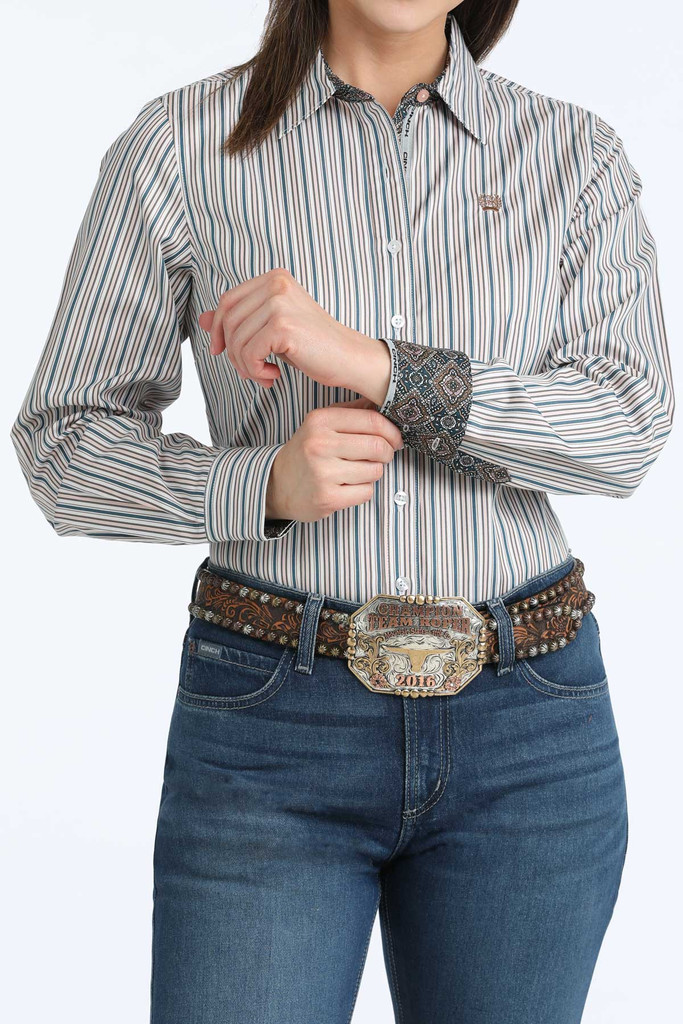 Women's Cinch L/S, Peach and Blue Pintsripe