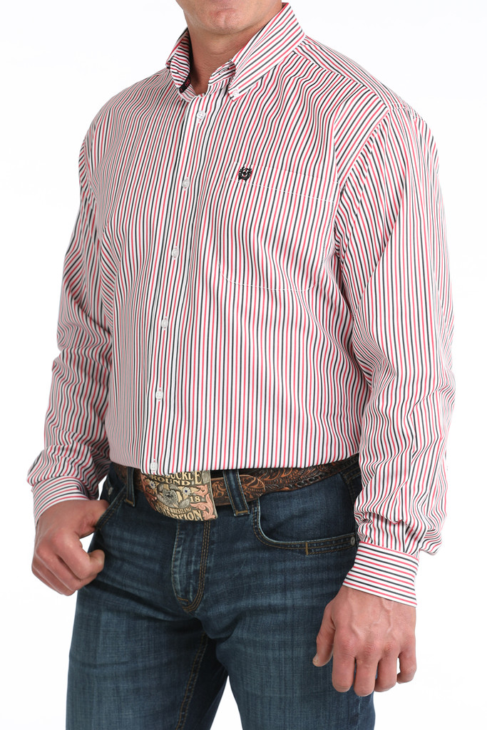 Men's Cinch L/S, Red, Black and White Pinstripe
