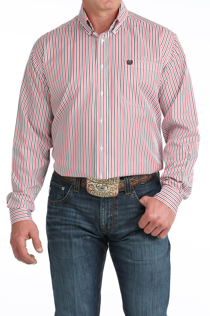 Men's Cinch L/S, Red, Black and White Pinstripe